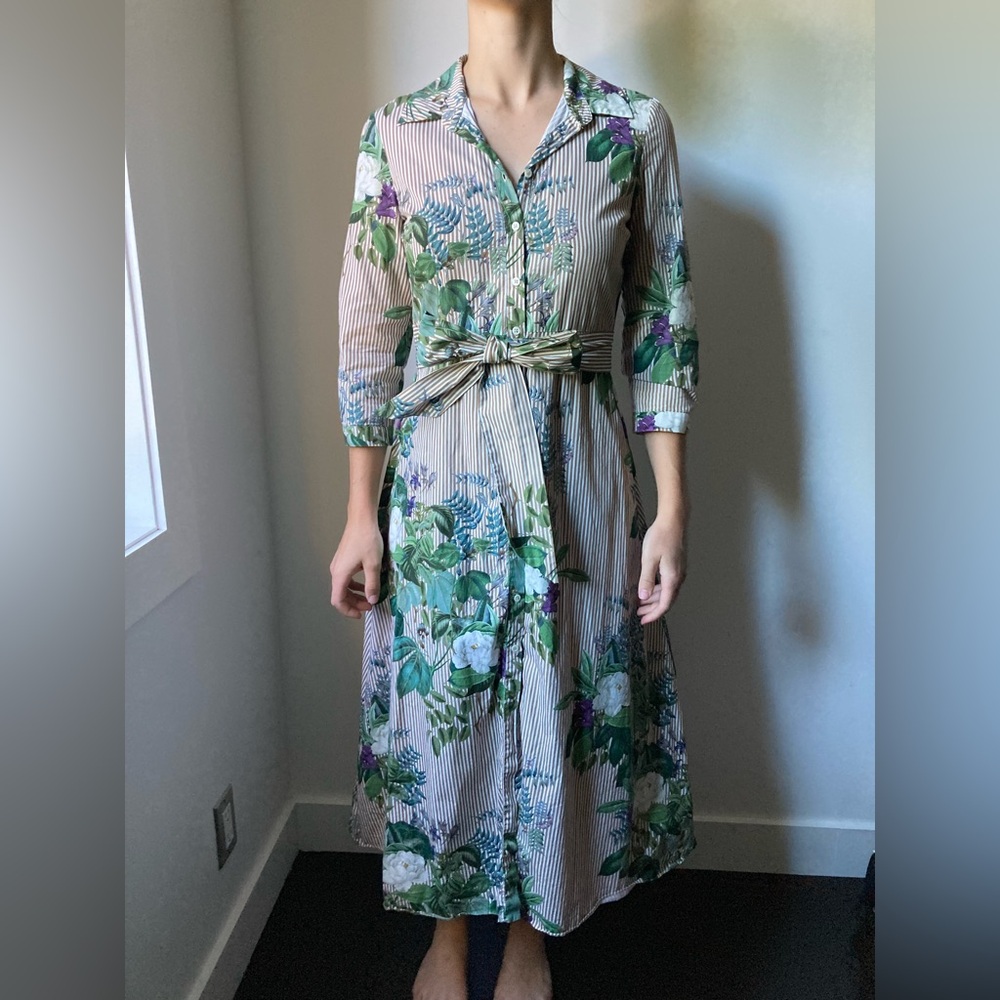 Zara Woman Striped Floral Cotton Shirt Dress